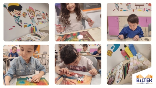 KÜÇÜK SANATÇILAR TAŞLARI RENKLENDİRDİ.